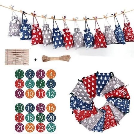 24 julegaveposer, stoffposer til å fylle