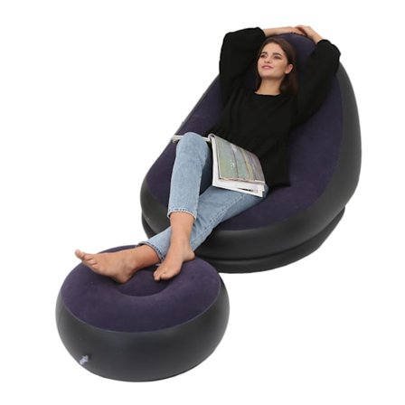 Oppblåsbar stol sammenleggbar flokk PVC komfortabel med fotstøtte Oppblåsbar lenestol for utendørs camping reise purpurblå