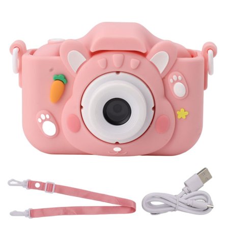 Børnekamera 2in Skærm AI Ansigtsgenkendelse USB Opladning Automatisk Spilkamera Pink