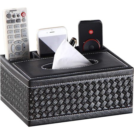 Rektangulært vevboksdeksel i lær, svart, multifunksjonelt for fjernkontroll, kontorrekvisita