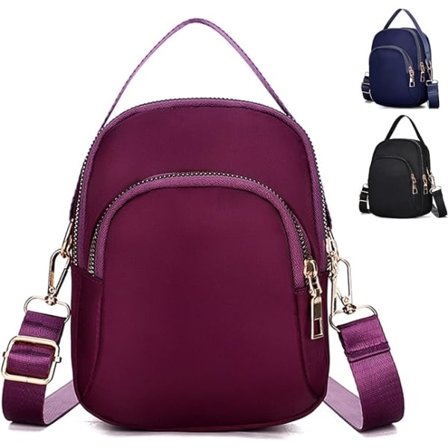 Crossbody Telefontaske Dame, Nylon Pung Skuldertaske, 3 Lag Lynlås Mobiltelefontaske med Justerbar Rem (Lilla 2)
