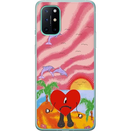 Kompatibel Mobilcover til OnePlus 8T Bad Bunny i en farverig quiltet jakke med hjertemønster og solbriller i moderne gade stil