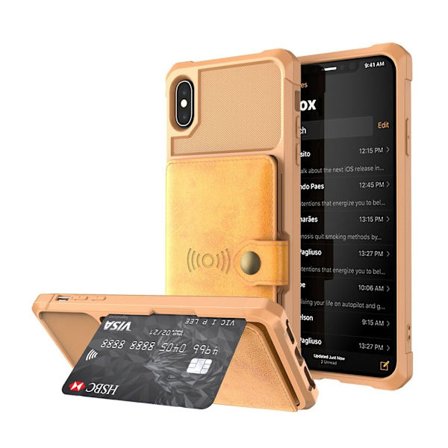 iPhone XS silikonplast mobilskal med syntetläder plånbok och fotstöd - Brun