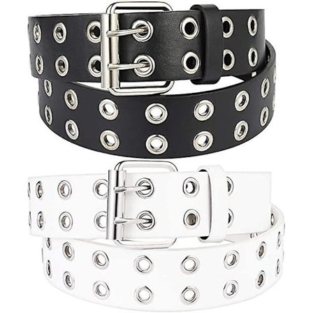 2 stk. Bælte med dobbelte huller og nitter, punkbælte hiphop-bælte til mænd og kvinder (sort og hvid)