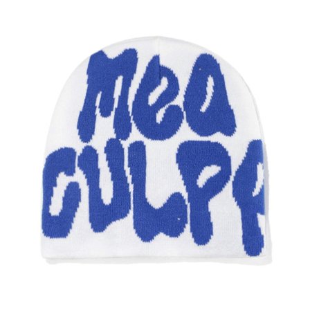 Mea Culpa Beanies Dupes Skull Cap Y2K Beanies Skullies Beanies Letter Print Beanies Strikkede Beanies Lue Slouchy Beanies hvit blå
