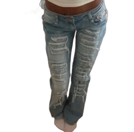 Blå slitna bootcut jeans