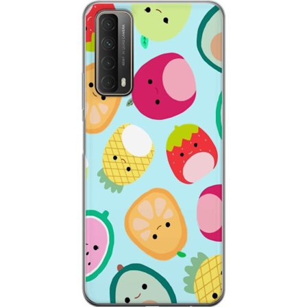 Yhteensopiva Puhelinkuori Huawei P smart 2021 Kawaii-hedelmien kuvioita, kuten mansikkaa, sitruunaa, ananasta ja avokadoa vaaleansinisellä taustalla