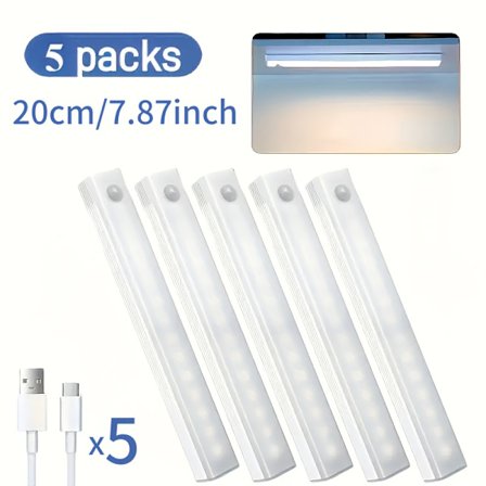 5-pak LED-strips med bevægelsessensor | USB-genopladelig, magnetisk, dobbelt farvetemperatur | Premium computertilbehør 20cm/7.87in-FS-