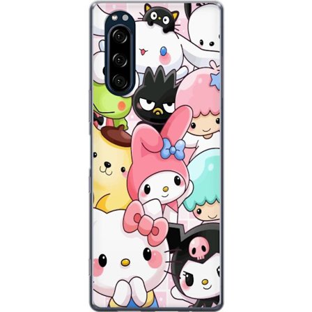 Kompatibelt Mobildeksel til Sony Xperia 5 Tett mønster av søte figurer med store øyne i ulike farger og uttrykk med LABUBU-tekst