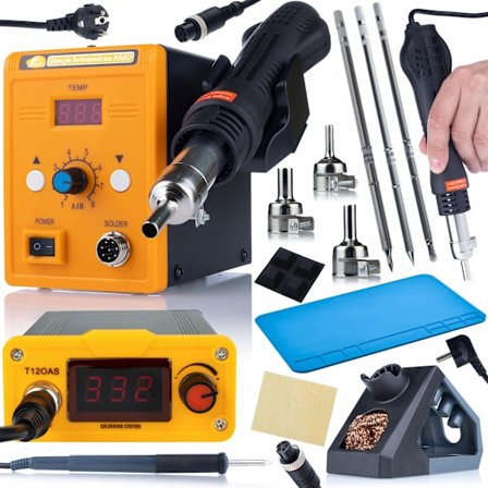 Loddekolbe Station T12 Electric PRO + Hot-Air 858D – Komplet Sæt | 3 Dyser, 3 Spidser | Silikonemåtte 200X300Mm