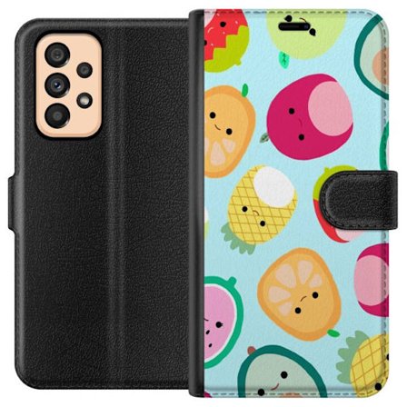 Kompatibel Tegnebogsetui til Samsung Galaxy A53 5G Mønster af kawaii frugter som jordbær citron ananas og avocado på lyseblå baggrund