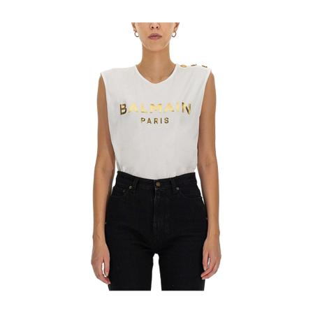Balmain, Laminated Logo T-Shirt Wit, Dames, Maat:L