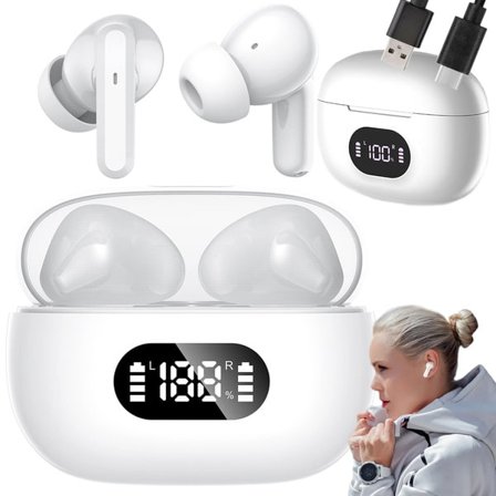 Langattomat Bluetooth In-Ear -kuulokkeet LED-latauskotelolla ja mikrofonilla Valkoinen