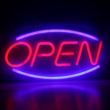 Led Neon Open-skilt for bedrifter og hjem på gjennomsiktig akrylbase, moderne og rent utseende, opplyst Open-skilt på vinduer
