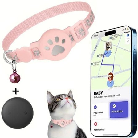 Katte GPS-tracker i realtid – Ingen månedlig betaling, Kompatibel med Apple Find My (iOS), Intet SIM-kort, Halsbånd til AirTag