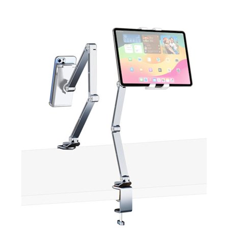 Tabletställ - iPad-hållare - 360° justerbar - Långa armar - Tabletställ för iPad Pro Air Mini 4,7" - 15,4" - Silver