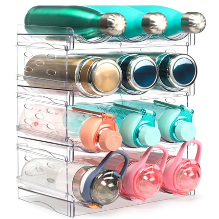 Flaskeholder for skap, 4-pakks stabelbar flaskeoppbevaring, flaskeholder for drikkebeger, vinstativ for skap kjøleskap