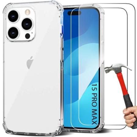 Silikonetui til iPhone 15 Pro Max Gennemsigtig stødsikker + 2 beskyttende hærdede briller Transparent