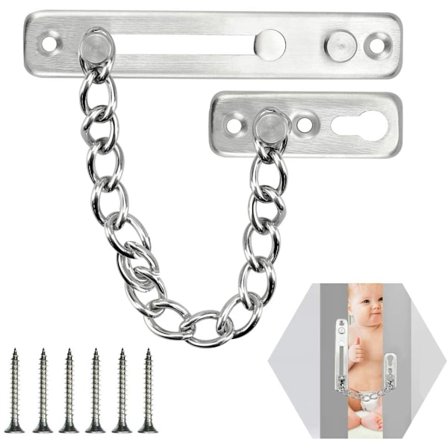 Dørsicherhedskæde, pålidelig børstet rustfrit stål sikkerhedskæde, anti-scratch, med skruer, egnet til hotel, hjem, indendørs dør og vindue
