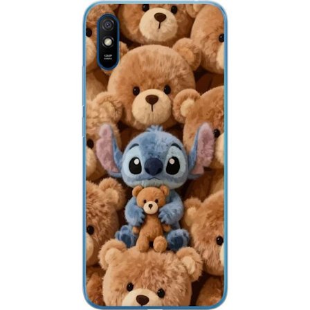 Kompatibel Mobilcover til Xiaomi Redmi 9A Stitch omgivet af brune teddybjørne med en lille teddybjørn i armene i en sød og hyggelig kawaii-design