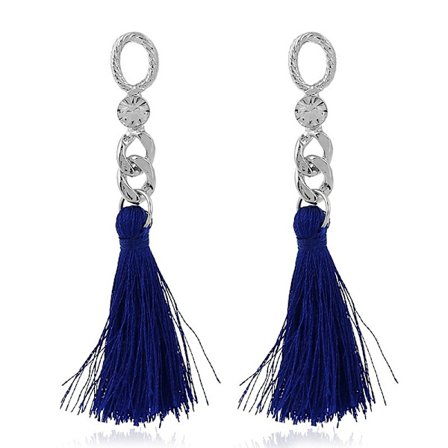 Bohemiska Långa Silver Örhängen med Ovaler, Safirblå Fransar / Tofsar & Rhinestone