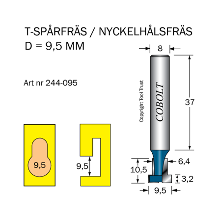 Cobolt 244-095 T-spårsfräs D=9,5/6,4 L=10,5 TL=52 S=8, Maskintillbehör & förbrukning