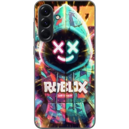 Kompatibel Mobilcover til Samsung Galaxy A56 Neonfarvet Roblox hættetrøje figur med lysende effekter og energifyldt baggrund, moderne gaming illustrat