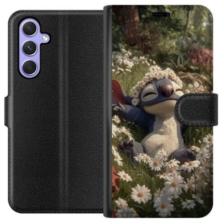 Kompatibelt Plånboksfodral till Samsung Samsung Galaxy A54 Blå söt fantasivarelse vilande i blomsteräng med blomkrans avslappnat vårmotiv och var