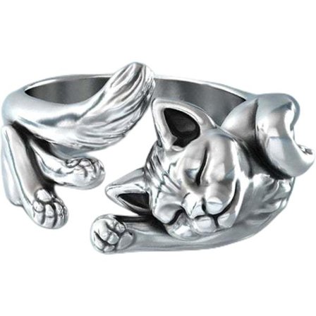 Nya Vintage Söta Kattringar Damsmycken Födelsedagspresent Trendiga Öppen Storlek 925 Sterling Silver Ring Flickfest Tillbehör
