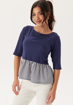 Happy Holly - Fabric Mix Top - Navy/Striped - Kläder - - Bubbleroom