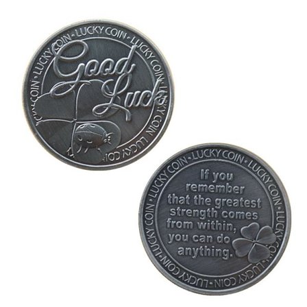 Mindesmønt med "Held og lykke"-design, inspirerende citat, mariehøne & firkløver-symbol, lykkemønt, antik metalmønt