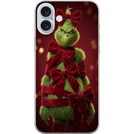 Yhteensopiva Puhelinkuori Apple Apple iPhone 16 Plus Grinchi-hahmo koristeltu punaisilla samettinauhoilla juhlavassa studiossa, leikkisällä ja humor