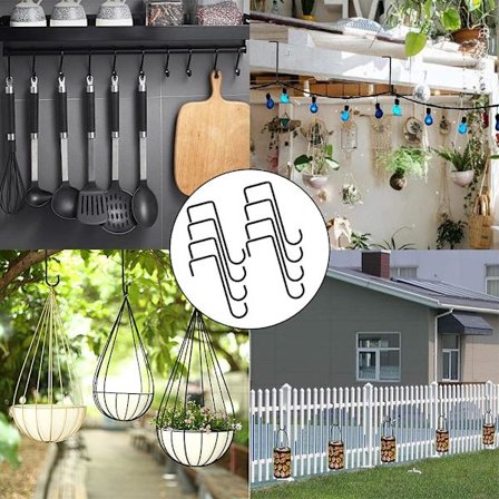 8 stk. Hegnskroge 2 x 6 tommer Dækophæng Sorte pulverlakerede stålhegnshængere til ophængning af planter, plantepotter, foderautomater og 