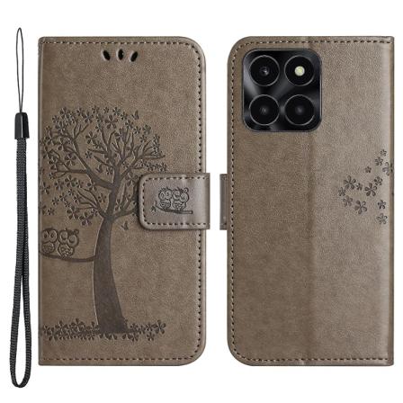 For Honor X6a 4g Owl Tree Preget Pu Leather Stand Lommebokveske Full beskyttelse Telefondeksel Grey