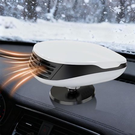 Denne 2-i-1 bærbare bilvarmeren har 12V og en 360-graders roterende base, som gjør at den kan varme opp bilens frontrute stående.