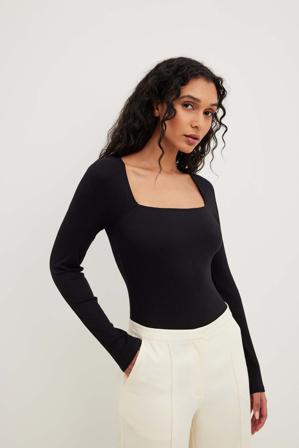 NA-KD Basic Haut côtelé à encolure carrée - Tops manches longues - Noir - Medium