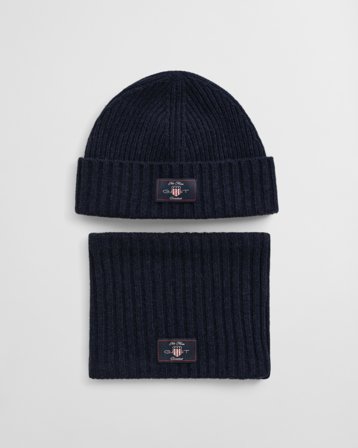 GANT Kinder Beanie und Schlauchschal aus Wollmix im Geschenkset (L-XL) Marineblau