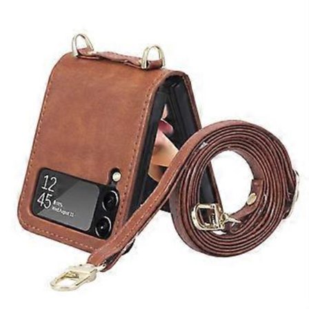 SZTXJ Kompatibel med Samsung Galaxy Z Flip 3 Plånboksfodral med Korthållare Rem PU Läder Crossbody Flip Fodral Kvinnor Brun