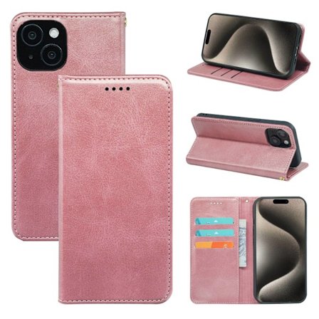 Etui til iPhone 16 Plus rosegull kalveskinn magnetisk flip-stativ