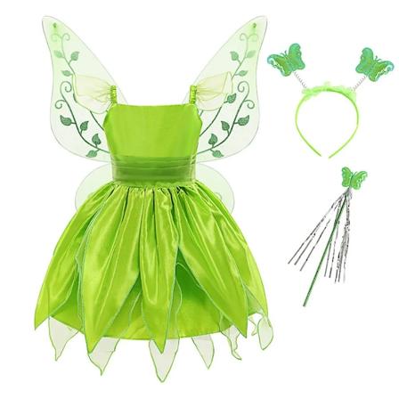 Flickor Tinker Bell Kostym Halloween Kostym för Barn Grön Maskeradklänning Fairy Princess Cosplay Klänningar Pixie Fairy Klänning med Vinge 3T(100) 12
