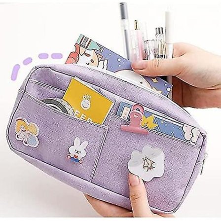 Blyantveske med 3 stk. Pins Estetisk Blyantveske Kawaii Stasjonær Kawaii Skoleutstyr - Blyantveskeholder Stasjonær Oppbevaringsarrangør (pur