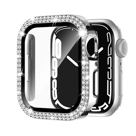 Glass+Diamond Deksel for Apple Watch etui 40mm 44mm 41mm 45mm 38mm 42mm Bling Bumper Beskytter iWatch serie 9 3 5 6 7 8 se etui sølv 45mm series 7 8 9