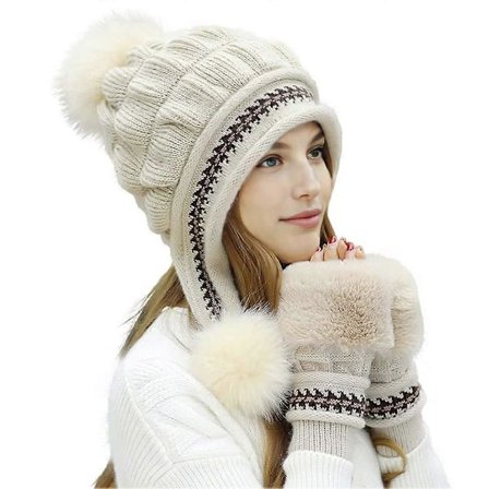 Damhattset Fluffig Vintermössa Stickad Mössa Utomhus Plyschfoder Rysk Mössa Pompon Öronlapp med Handskar, beige