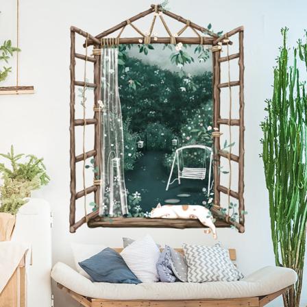 Metsäyönäkymä Tekoikkunat Seinätarra, Kissa Nukkuu Ikkunalaudalla Luonto