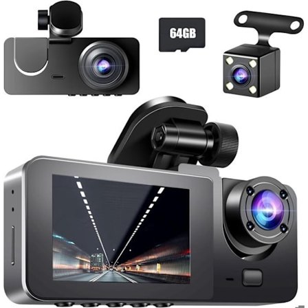 (Svart) Bilkamera, 1080P Dashcam foran og bak, 170° vinkel 3 kanaler med 64GB SD-kort, nattsyn, G-sensor
