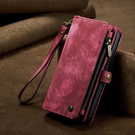 Etui til iPhone 15 Pro rødt lær snor glidelås lommebok kort