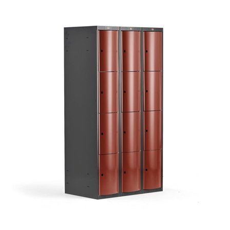 Clothes locker CURVE, 3 modules, 12 doors, 1740x900x550 mm, red