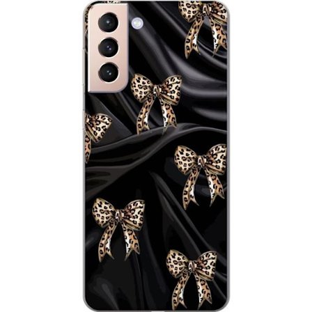 Kompatibelt Mobildeksel til Samsung Galaxy S21 Leopardmønstrede sløyfer på svart silkebakgrunn, luksuriøst mønster med glamour, eksklusiv stil og tren