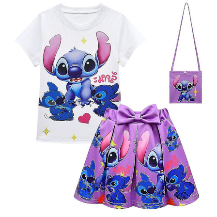 6-10 År Piger Lilo og Stitch Trykt Outfit T-shirt + Plisseret Skørter + Tasker Sæt Festkjole Gave