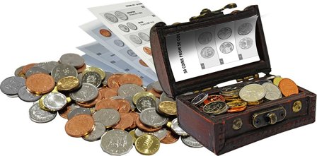 Skattekiste med mønter - med 50 mønter fra 50 lande
